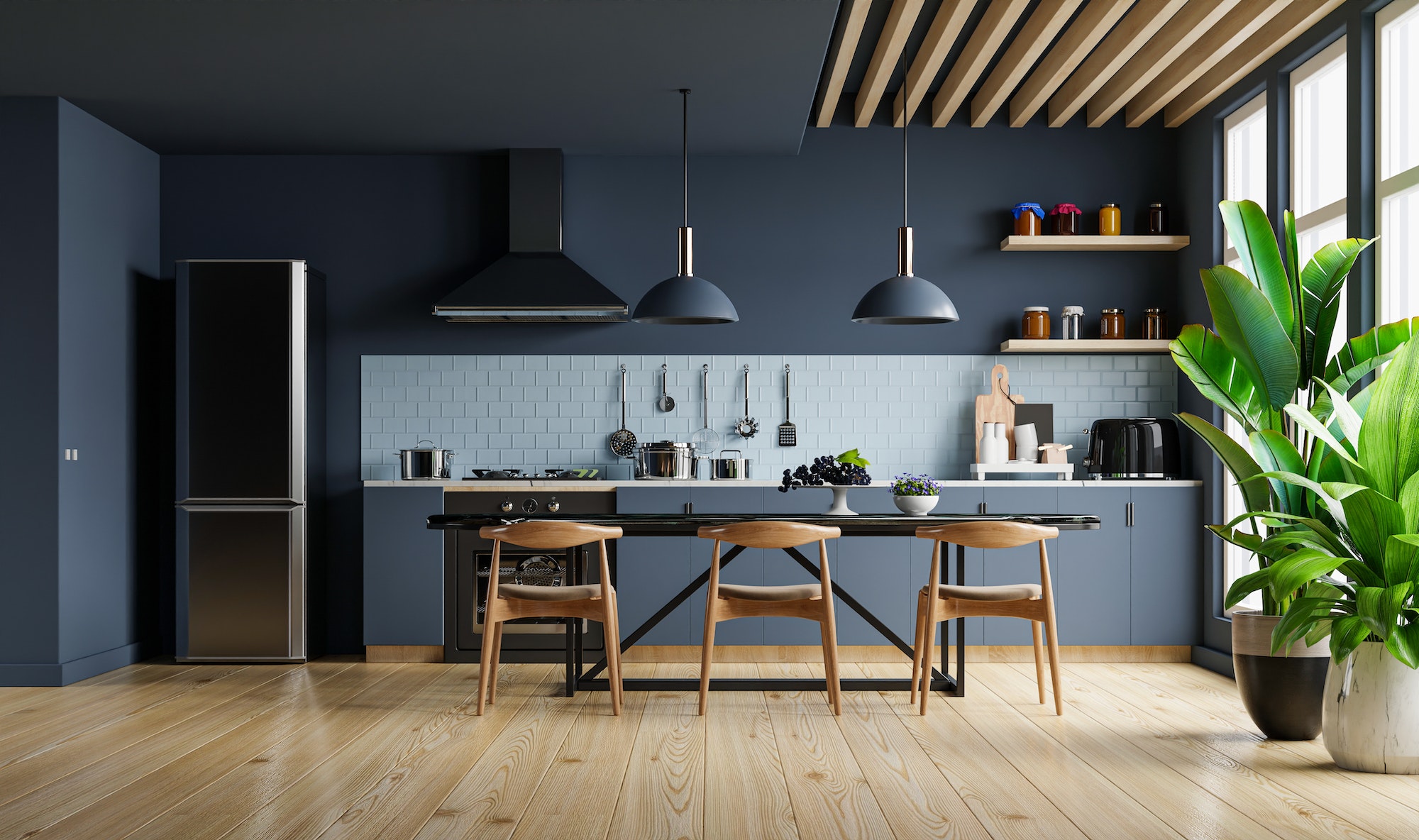 Modern style kitchen interior design with dark blue wall.